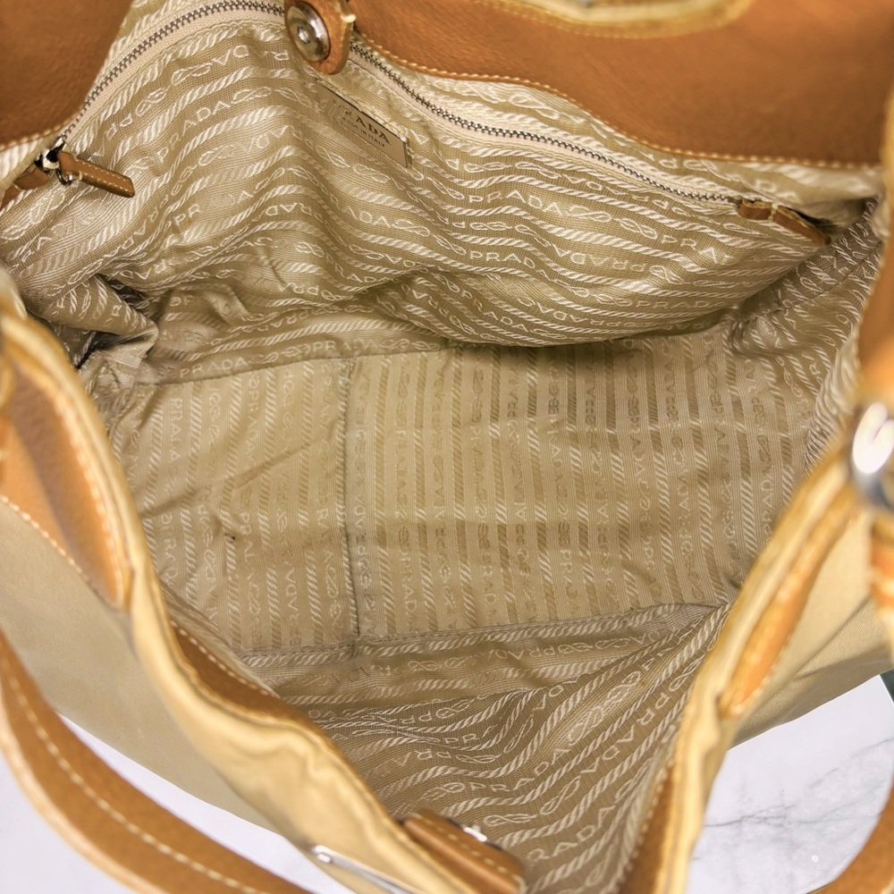 Prada Half Moon Hobo Bag Jumbo Logo Brown Tan Leather Nylon‎ Designer Luxury COA - Picture 8 of 15